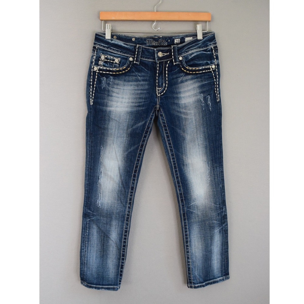 Miss Me Cropped Jeans 29 Blue Embellished Contrast Stitch Women JE5014C16 Flap